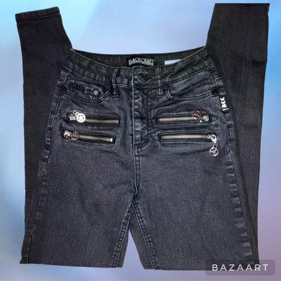 ☔️ Blackcraft Pentagram Zipper Black Coated Skinny Jeans - Picture 6 of 13
